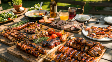 A barbecue feast spread on a table, featuring assorted grilled pork cuts, sausages, and kebabs, ready to be enjoyed with friends and family.の素材