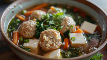 A comforting bowl of Gaeng Jued, Thai clear soup with pork meatballs, tofu, and vegetables, flavored with garlic and cilantro.の素材