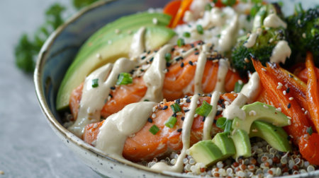A healthy and colorful Buddha bowl filled with quinoa, roasted vegetables, avocado slices, and flaked salmon, drizzled with tahini dressing.の素材