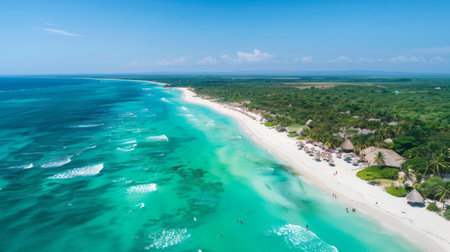 A palm-fringed coastline with turquoise waters and white sandy beaches stretching as far as the eye can see, offering a tranquil escape from the hustle and bustle.の素材