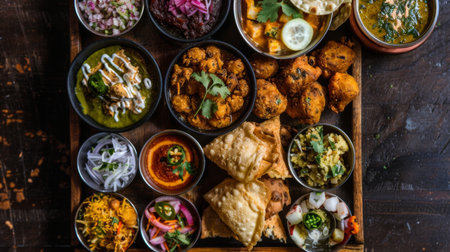 A mouthwatering platter of Indian street food, featuring spicy chaat, crispy pakoras, and savory samosas, offering a burst of flavors and textures.の素材
