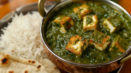 A tempting bowl of palak paneer, creamy spinach curry with cubes of paneer cheese, served with fluffy basmati rice and warm garlic naan.の素材