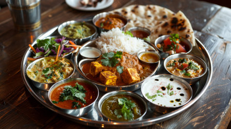 A traditional thali platter, featuring a selection of Indian dishes such as dal, paneer tikka, aloo gobi, and roti, offering a feast for the senses.の素材