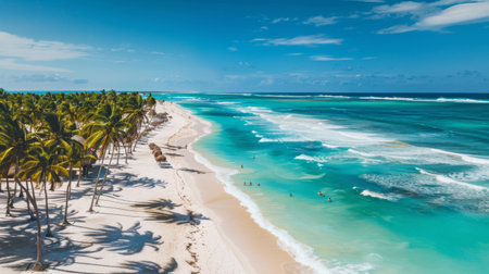A palm-fringed coastline with turquoise waters and white sandy beaches stretching as far as the eye can see, offering a tranquil escape from the hustle and bustle.の素材