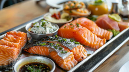 A gourmet seafood platter showcasing a variety of salmon preparations, including grilled, poached, and smoked, served with dipping sauces.の素材