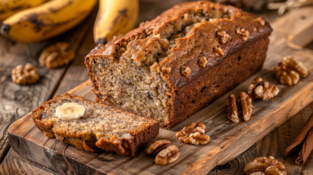 A mouthwatering slice of banana bread, moist and flavorful with ripe bananas, walnuts, and a hint of cinnamon, served on a rustic wooden board.の素材