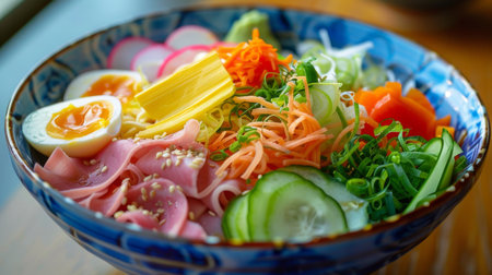 A refreshing bowl of hiyashi chuka, chilled ramen noodles topped with colorful vegetables, slices of ham, egg, and a tangy sesame dressing.の素材