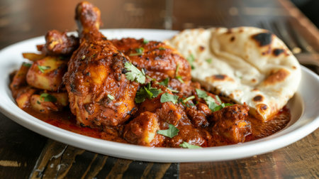 A tempting plate of chicken vindaloo, fiery and tangy curry with tender chicken pieces, potatoes, and a spicy vinegar-based sauce, served with naan.の素材