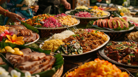 A traditional Hawaiian luau feast, with tables laden with kalua pig, poi, lomi lomi salmon, and other delicious island dishes.の素材