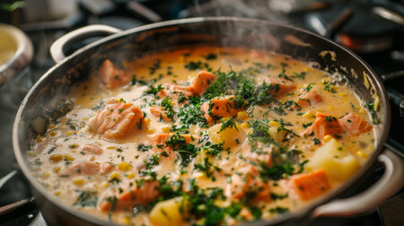 A rustic seafood chowder simmering on the stove, filled with chunks of salmon, potatoes, corn, and savory herbs in a creamy broth.の素材