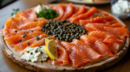 A platter of smoked salmon slices elegantly arranged on a wooden board, served with capers, lemon wedges, and cream cheese.の素材