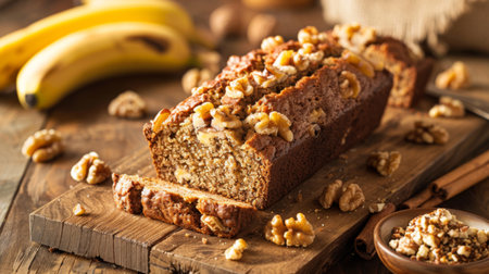 A mouthwatering slice of banana bread, moist and flavorful with ripe bananas, walnuts, and a hint of cinnamon, served on a rustic wooden board.の素材