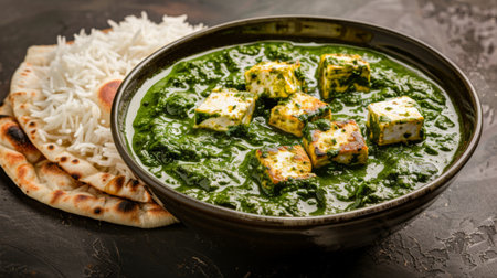 A tempting bowl of palak paneer, creamy spinach curry with cubes of paneer cheese, served with fluffy basmati rice and warm garlic naan.の素材