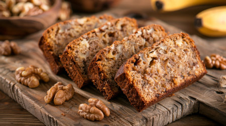 A mouthwatering slice of banana bread, moist and flavorful with ripe bananas, walnuts, and a hint of cinnamon, served on a rustic wooden board.の素材