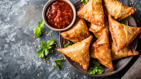 A vibrant plate of vegetable samosas, crispy and golden brown, served with tangy tamarind chutney for dipping, a beloved Indian snackの素材
