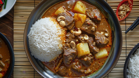 A traditional plate of Massaman curry, rich and aromatic with tender beef, potatoes, peanuts, and onions, served with fluffy Thai jasmine rice.の素材
