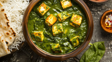 A tempting bowl of palak paneer, creamy spinach curry with cubes of paneer cheese, served with fluffy basmati rice and warm garlic naan.の素材