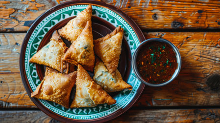 A vibrant plate of vegetable samosas, crispy and golden brown, served with tangy tamarind chutney for dipping, a beloved Indian snackの素材