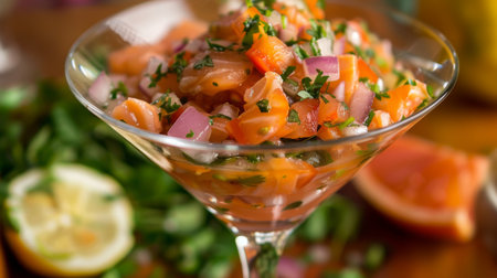 A vibrant and flavorful salmon ceviche served in a martini glass, marinated in citrus juices and mixed with diced tomatoes, onions, and cilantro.の素材