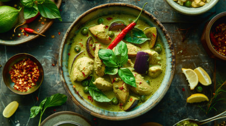 A vibrant green curry with tender chicken, Thai eggplant, and bamboo shoots, simmered in creamy coconut milk and aromatic spicesの素材