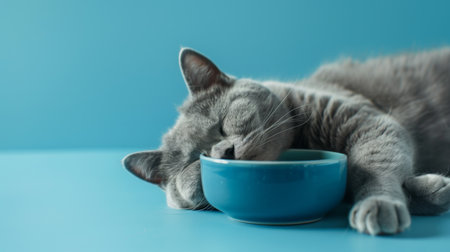 The cat dreams of a bowl of food. British cat sleeps on a blue background.の素材