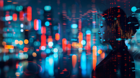 market trading stock index number and graph on black blue digital technologyの素材