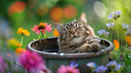 A large cat enjoying a bath in a basin outdoors, surrounded by colorful flowers and looking surprisingly content.の素材