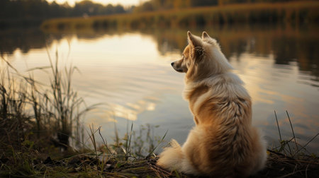 A fluffy dog sitting by a lake, looking out at the water with a serene expression, capturing a moment of tranquilityの素材