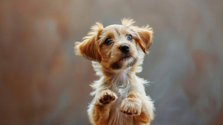 A cute puppy with a playful expression, standing on its hind legs and begging for a treat, looking absolutely charming.の素材
