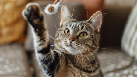 A chubby cat playfully batting at a feather toy, its eyes wide with excitement and energy, in a cozy living room.の素材