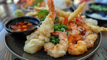 A plate of crispy tempura featuring shrimp, vegetables, and seafood, accompanied by a side of tangy dipping sauce.の素材