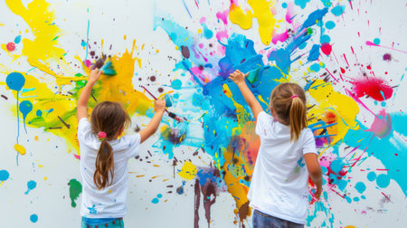 Two children with paintbrushes, enthusiastically adding colorful strokes to a white wall, creating a fun and messy masterpiece.の素材