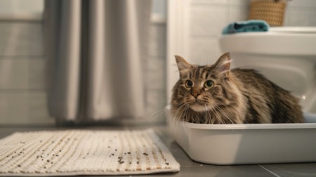 A fat cat scratching around in a litter box, with a clean bathroom mat and shower curtain in the background.の素材