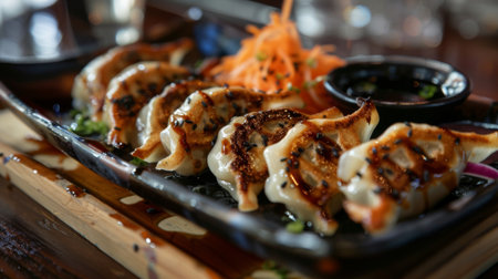 A plate of gyoza, crispy pan-fried dumplings filled with flavorful pork and vegetables, served with a side of soy dipping sauce.の素材