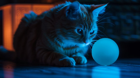 A plump cat interacting with a light-up ball, its paw tapping at the glowing toy, in a darkened room for a captivating effect.の素材