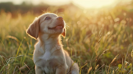 A cute puppy sitting in a grassy field, looking up with big, round eyes and a playful expression, capturing a moment of pure joy.の素材