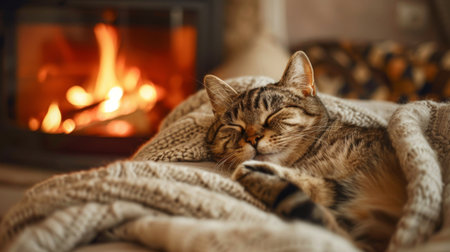 A chubby cat snoozing on a soft blanket, with a fireplace in the background, creating a warm and cozy atmosphere.の素材