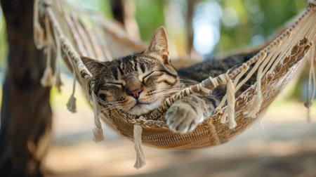 A chunky cat dozing off in a hammock, gently swaying and looking cozy and relaxed in an outdoor setting.の素材
