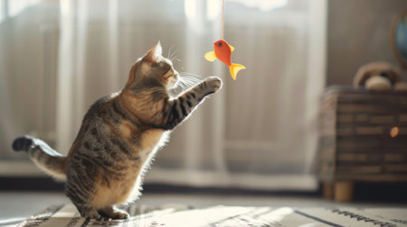 An overweight cat batting at a toy fish on a string, its eyes focused and paws active, in a modern, pet-friendly home.の素材