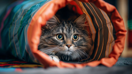 A fat cat playing hide-and-seek with a crinkle tunnel, its head poking out curiously, in a fun and engaging environment.の素材