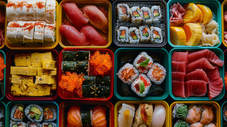 Colorful bento boxes filled with an assortment of sushi, sashimi, pickles, and tamagoyaki, showcasing a variety of flavors and textures.の素材