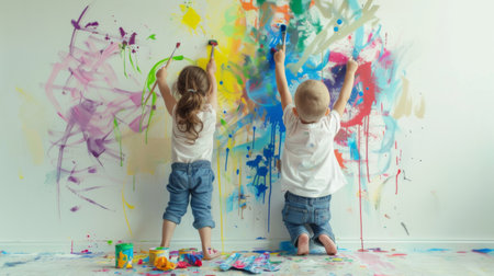 Two children with paintbrushes, enthusiastically adding colorful strokes to a white wall, creating a fun and messy masterpiece.の素材