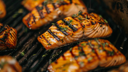 A close-up of succulent salmon fillets being grilled on a barbecue, with grill marks and a sprinkle of herbs, enticing the senses.の素材