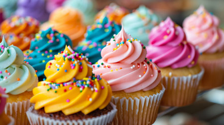 A colorful assortment of freshly baked cupcakes, topped with buttercream frosting and sprinkles, perfect for a birthday celebration.の素材