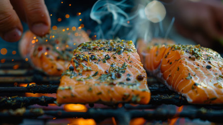 A close-up of a chef seasoning salmon fillets with a blend of herbs and spices before grilling them to perfection on a barbecue.の素材