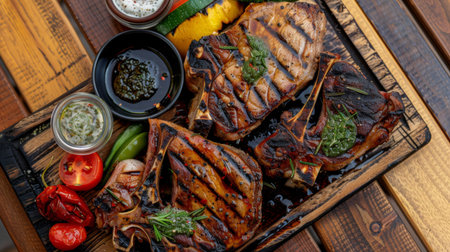 A platter of grilled pork chops, perfectly charred and juicy, served with grilled vegetables and savory dipping sauces, enticing the appetite.の素材
