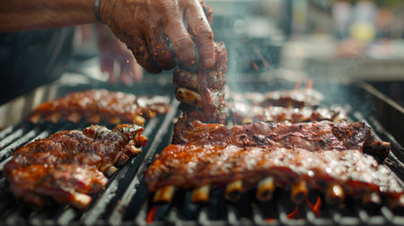 A barbecue enthusiast seasoning pork ribs with a dry rub before placing them on a smoking hot grill, ready to be slow-cooked to perfection.の素材