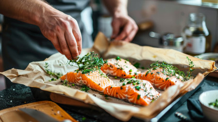 A chef preparing salmon en papillote, wrapping fillets in parchment paper with herbs and vegetables before baking them to juicy perfection.の素材