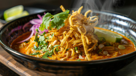 A steaming bowl of Khao Soi, Northern Thai curry noodles, topped with crispy noodles, pickled mustard greens, and fresh lime wedges.の素材