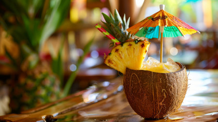 A tropical cocktail served in a coconut shell, garnished with a slice of pineapple and a colorful umbrella, evoking the spirit of the islands.の素材